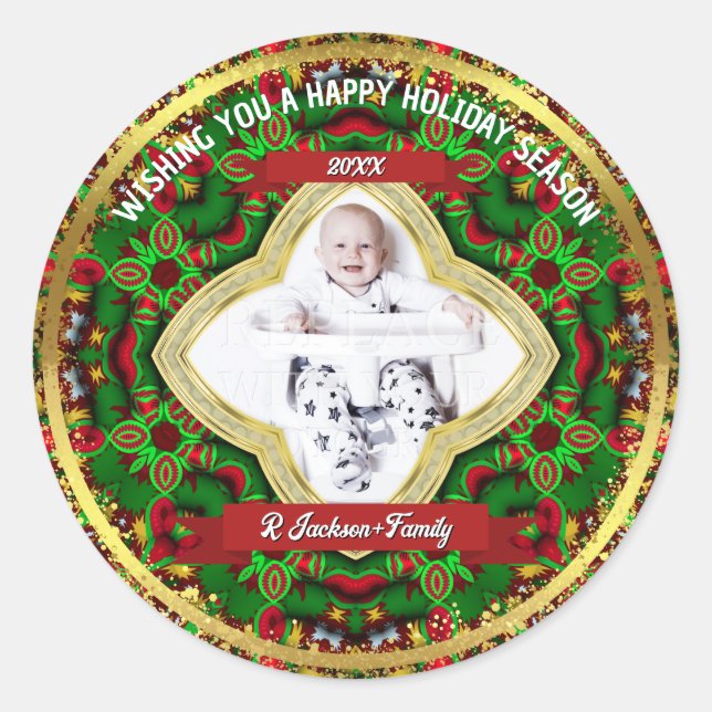 Festive Red Green Gold Family Photo Holiday Classic Round Sticker (Front)