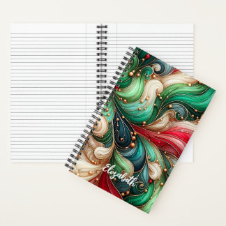 Festive Red Green Gold Ink Swirl Custom Name Notebook