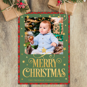 Festive Red Green Gold Star Merry Christmas Photo Holiday Card