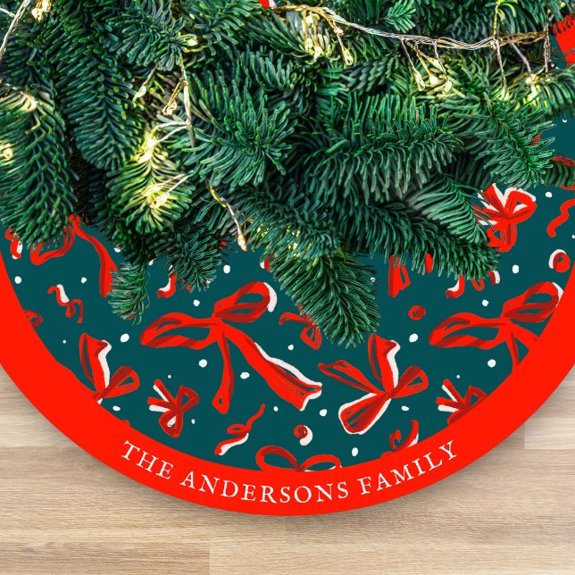 Festive Red & Green Hand Drawn Bows and Ribbons Fleece Tree Skirt (Creator Uploaded)