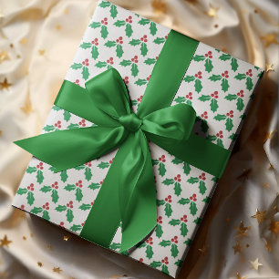 Festive Red Green Holly Leaves Berries Holiday Wrapping Paper