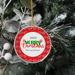 Festive Red Green Merry Christmas Round Ornament