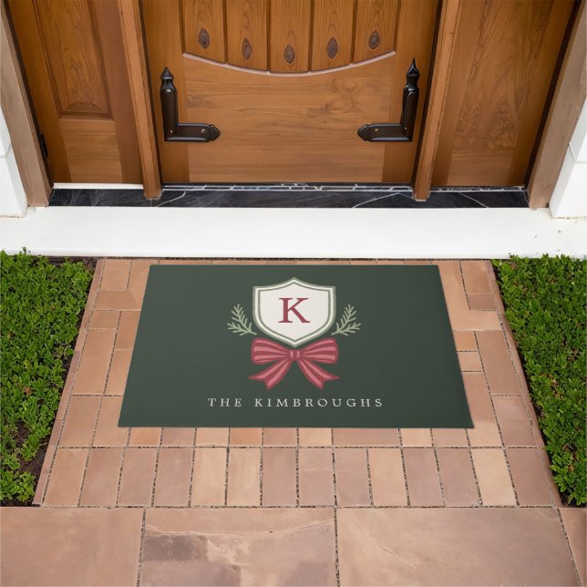 Festive Red Green Monogrammed Bow Christmas Doormat (Outdoor)