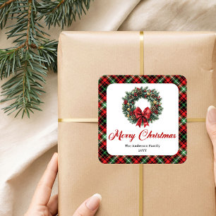 Festive Red Green Plaid Christmas Wreath Stickers