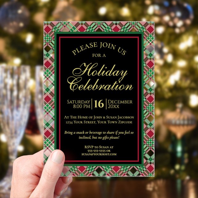 Festive Red & Green Plaid Holiday Christmas Party Acrylic Invitations (Clear Acrylic with Rectangle Cut)
