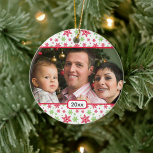 Festive Red Green Snowflake Photo First Christmas Ceramic Ornament
