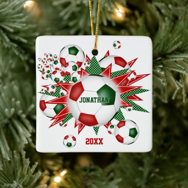 Festive red green soccer ball blowout boys girls ceramic ornament (Tree)
