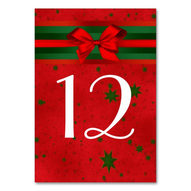 Festive Red Green Stars Bow Ribbon Christmas Table Number (Front)