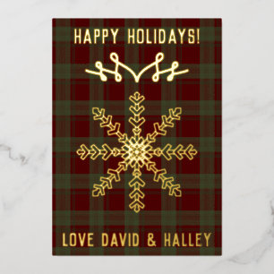 Festive Red Green Tartan Bold Snowflake Christmas Foil Holiday Card