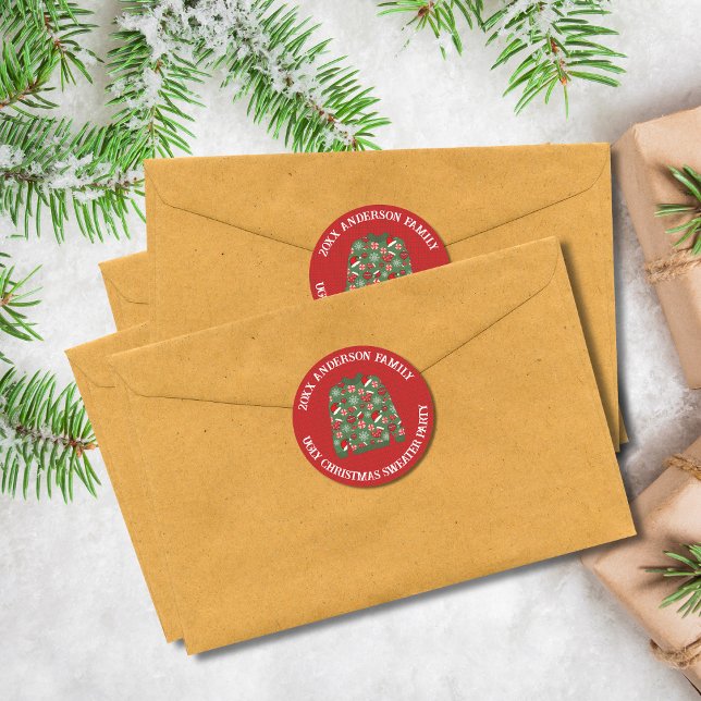 Festive Red Green Ugly Christmas Sweater Party Classic Round Sticker (Creator Uploaded)