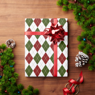festive red green white argyle plaid wrapping paper