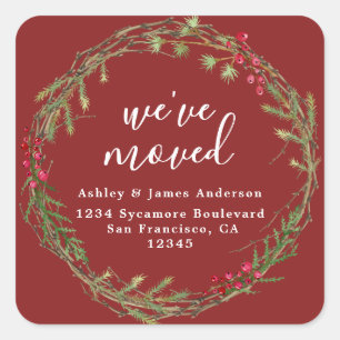 Festive Red Greenery Christmas We've Moved Address Square Sticker
