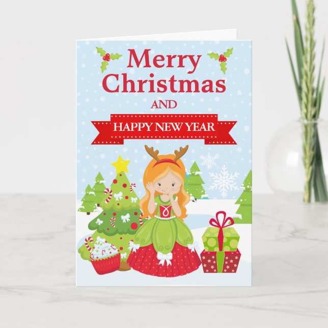 Festive Red haired Christmas Princess Holiday Card (Front)