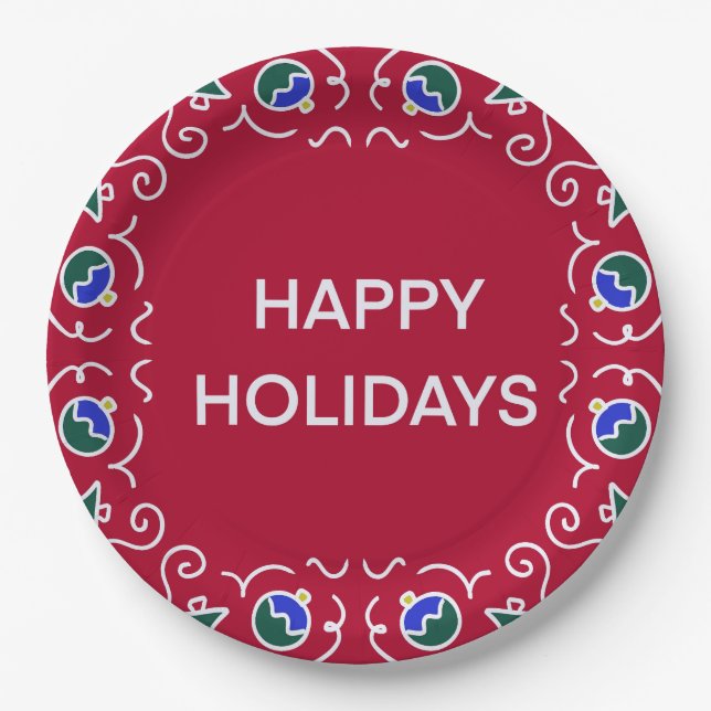 Festive red Happy Holidays Design  Paper Plate (Front)