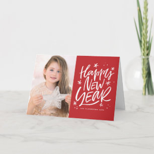 Festive Red Happy New Year Lettering Photo Holiday Card