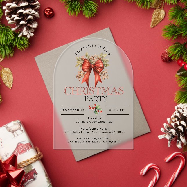 FESTIVE RED HOLIDAY BOW CHRISTMAS PARTY ACRYLIC INVITATIONS (Insitu (Holiday))