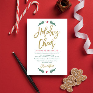 Festive Red Holiday Cheer Gold Script Party Invitation