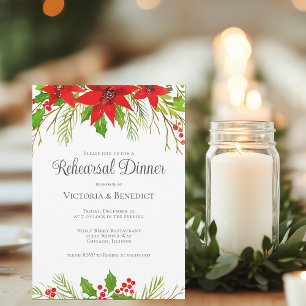 Festive Red Holiday Floral Rehearsal Dinner Invitation