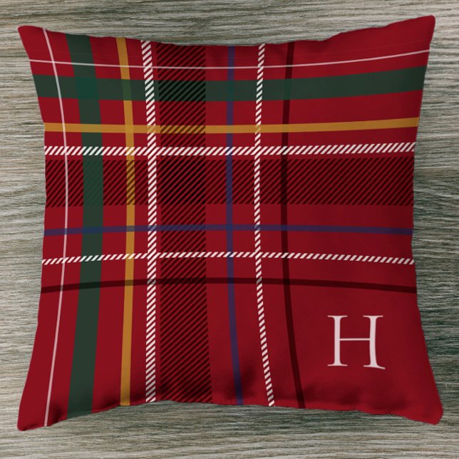 Festive red holiday plaid Christmas monogram decor Cushion (Creator Uploaded)