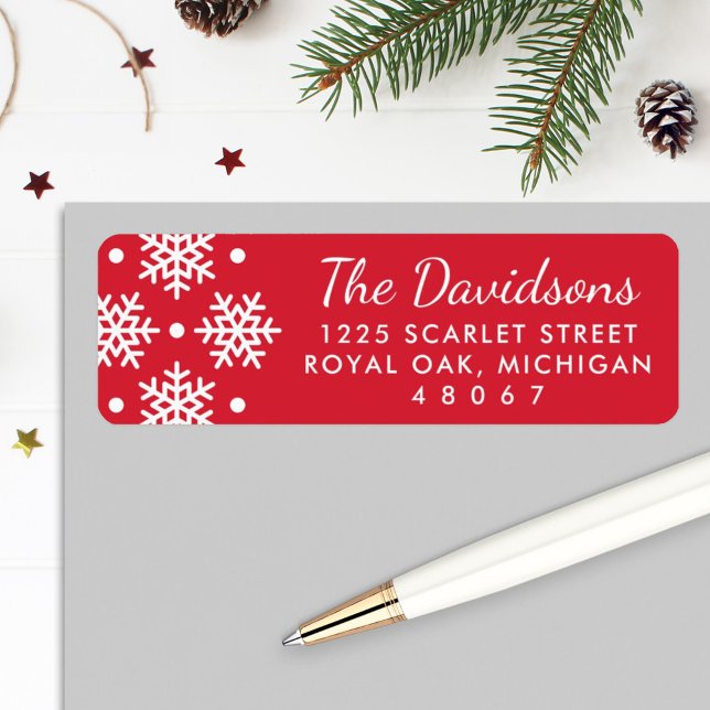 Festive Red Holiday Snowflakes Return Address Label (Creator Uploaded)