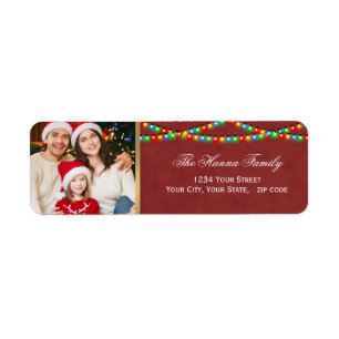 Festive Red Holiday String Lights Custom Photo Return Address Label
