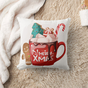 Festive Red Hot Chocolate Merry Xmas Cartoon Art Cushion