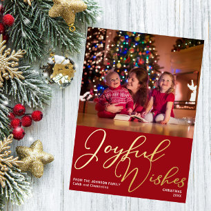 Festive Red Joyful Wishes Christmas Photo Gold Foil Holiday Card