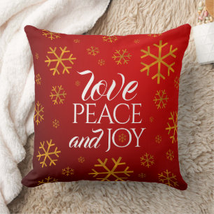Festive Red Love, Peace, and Joy with Snowflakes Cushion