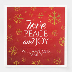 Festive Red Love, Peace, and Joy with Snowflakes Napkin