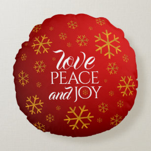 Festive Red Love, Peace, and Joy with Snowflakes Round Cushion