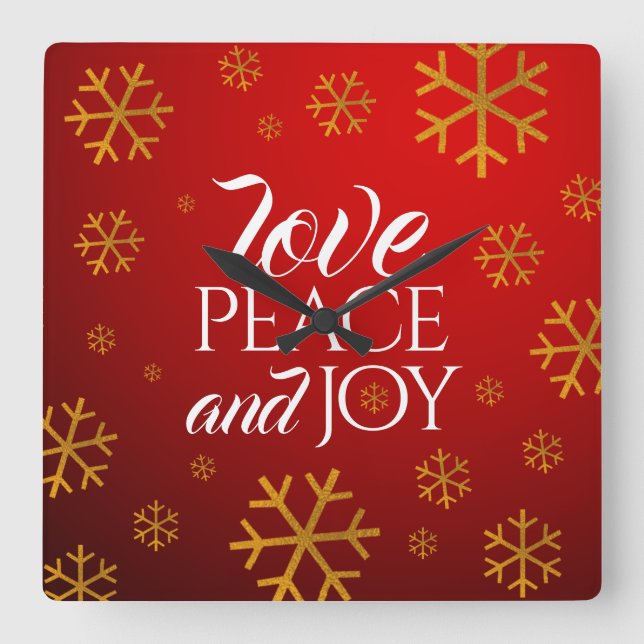 Festive Red Love, Peace, and Joy with Snowflakes Square Wall Clock (Front)