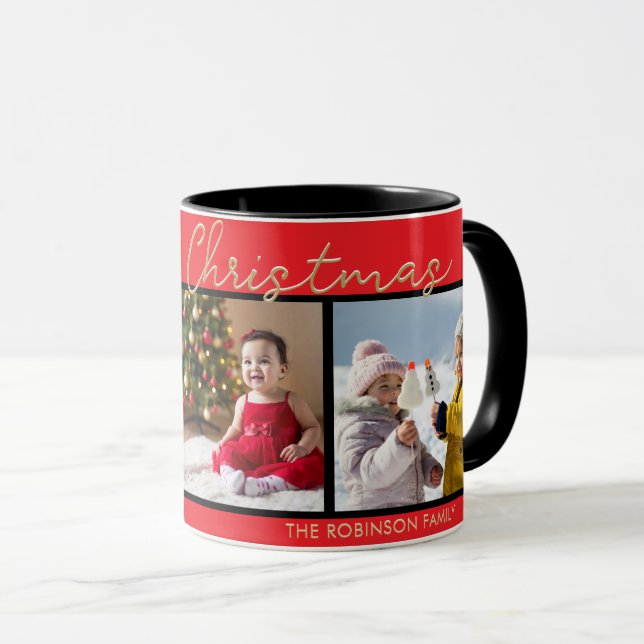 Festive Red Merry Christmas 3 Photos Gallery Mug (Front Right)