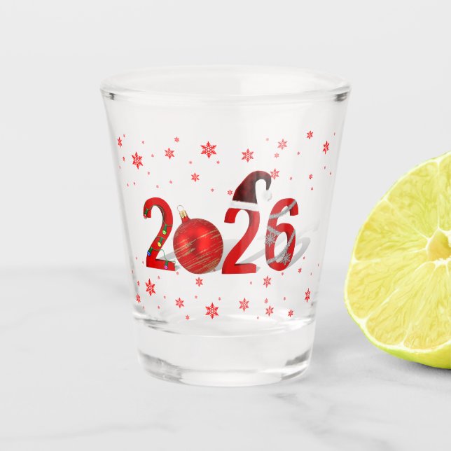 Festive Red Merry Christmas New Year 2026 Shot Glass (Front)