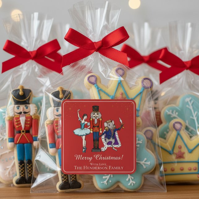 Festive Red Merry Christmas Nutcracker Ballet Square Sticker (Festive Red Nutcracker Ballet Merry Christmas Sticker. Elegant Nutcracker Ballerina Mouse King)
