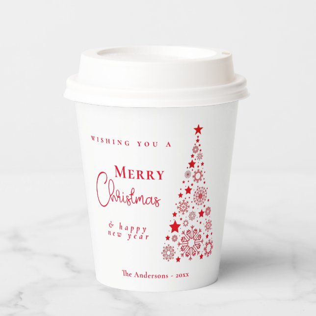 Festive Red Merry Christmas Tree Paper Cups (Front)