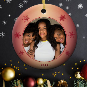 Festive Red Metallic Snowflake Family Photo Ceramic Ornament