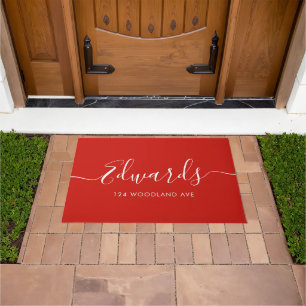 Festive Red Modern Script Personalised Doormat