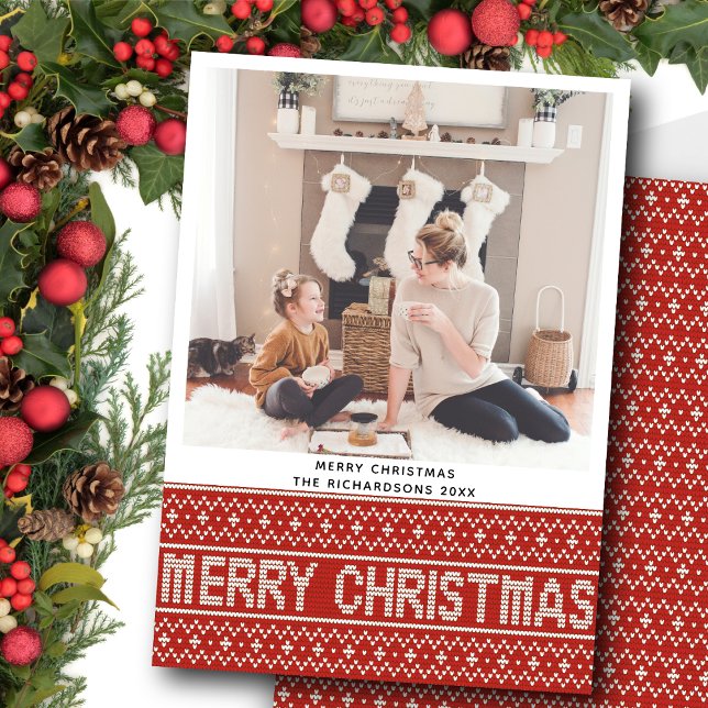 Festive Red Nordic Sweater Christmas Text Pattern Holiday Card (Creator Uploaded)