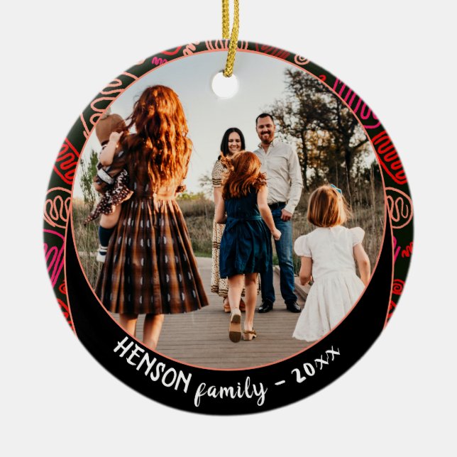 Festive Red One line art Christmas Family Photo Ce Ceramic Ornament (Front)