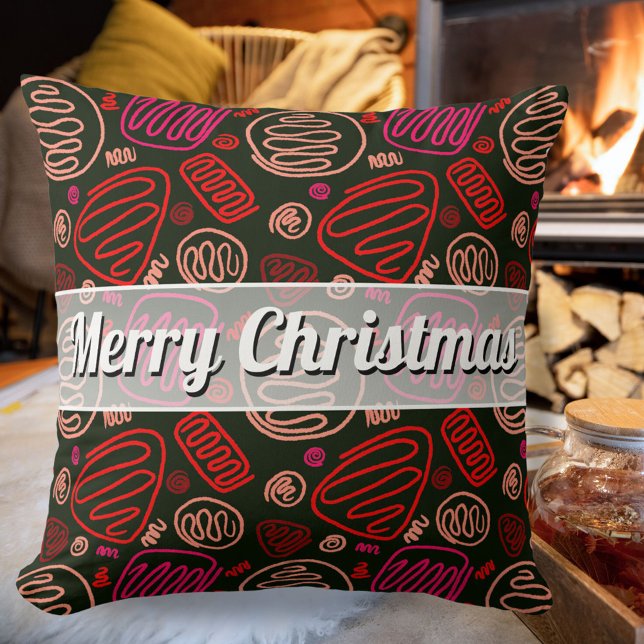 Festive Red One Line Artistic Pattern Christmas Cushion (Creator Uploaded)