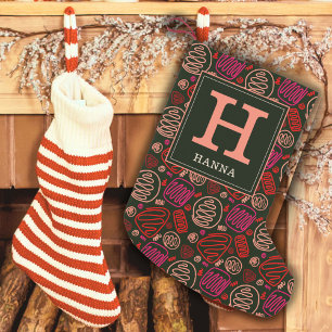 Festive Red One Line Artistic Pattern Monogram Small Christmas Stocking