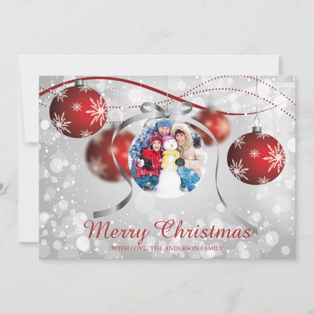 Festive Red Ornament Christmas Holiday Photo Card (Front)