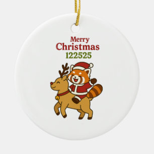 Festive Red Panda riding a reindeer Ceramic Ornament