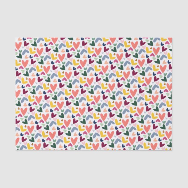 Festive Red Peach Blush Pink Blue Heart Pattern Tissue Paper (Front)