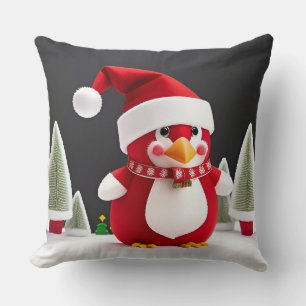 Festive Red Penguin in Santa Hat Cushion