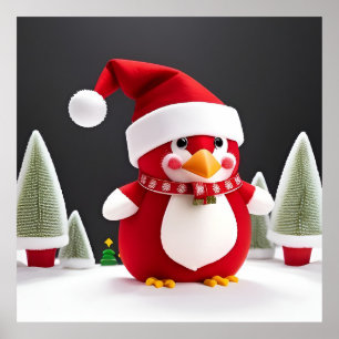 Festive Red Penguin in Santa Hat Poster