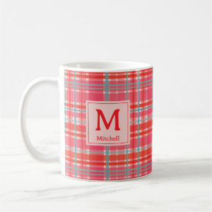Festive red, pink plaid Christmas family monogram Coffee Mug