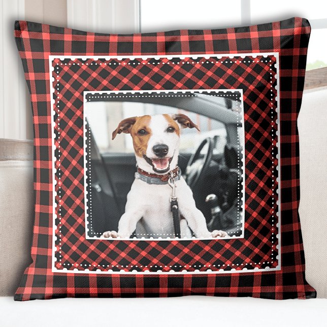 Festive Red Plaid Dog Photo  Cushion (Red Plaid Kids Photo Holiday Christmas Throw Pillow)
