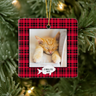 Festive Red Plaid Pet Name 2-Sided Ceramic Ornament