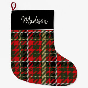 Festive Red Plaid with Gold Name Christmas Large Christmas Stocking